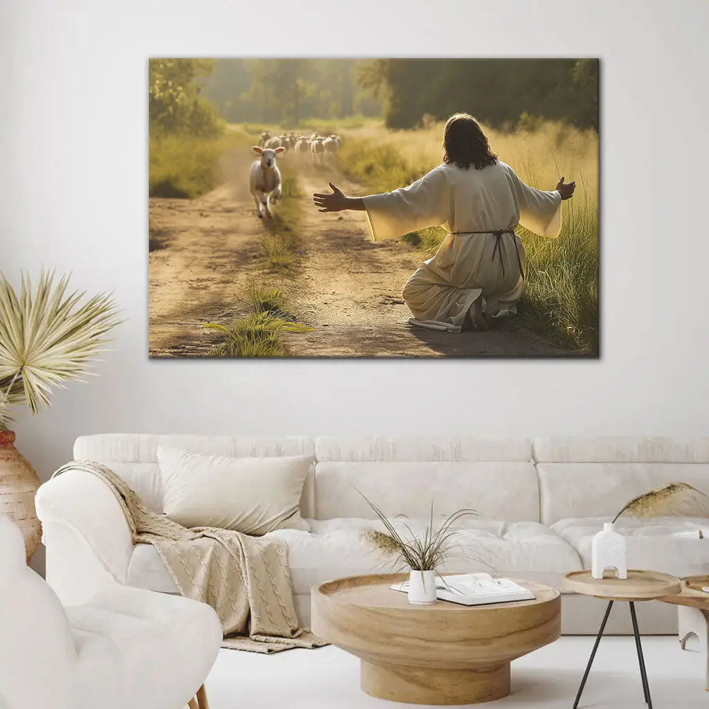 Inspirational Christian wall art with Jesus and lamb, faith and scripture gift for home or church.