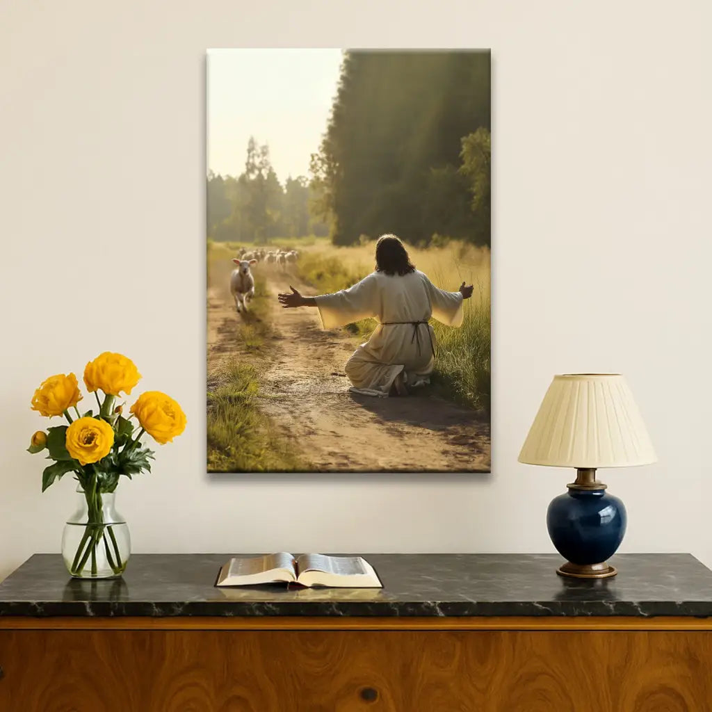 Christian canvas of lamb returning to Jesus, inspired by Luke 15, faith-filled gift for comfort and love. 
Portrait / 8’’ x 12’’