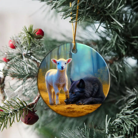 Christian Christmas ornament featuring a lamb triumphing over a wolf—powerful faith reminder.