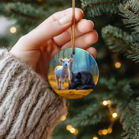 Lamb Stepping on Wolf ornament symbolizing victory of good over evil through Christ.