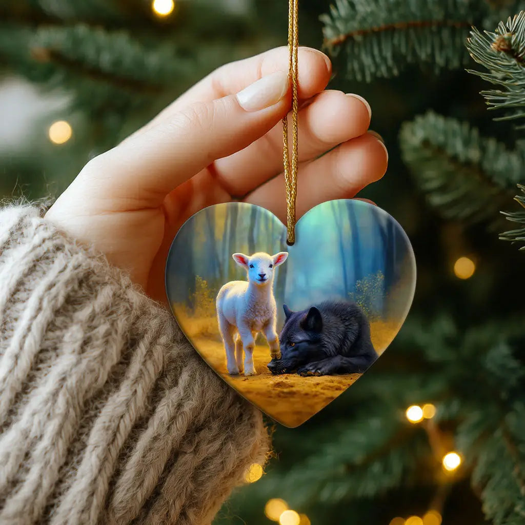 Unique ornament of lamb conquering wolf—perfect Christian gift for loved ones.