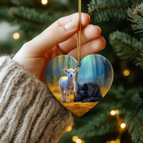 Unique ornament of lamb conquering wolf—perfect Christian gift for loved ones.