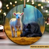 Faith-inspired ornament showing a lamb stepping on a wolf, symbol of courage and redemption.