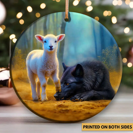 Faith-inspired ornament showing a lamb stepping on a wolf, symbol of courage and redemption.