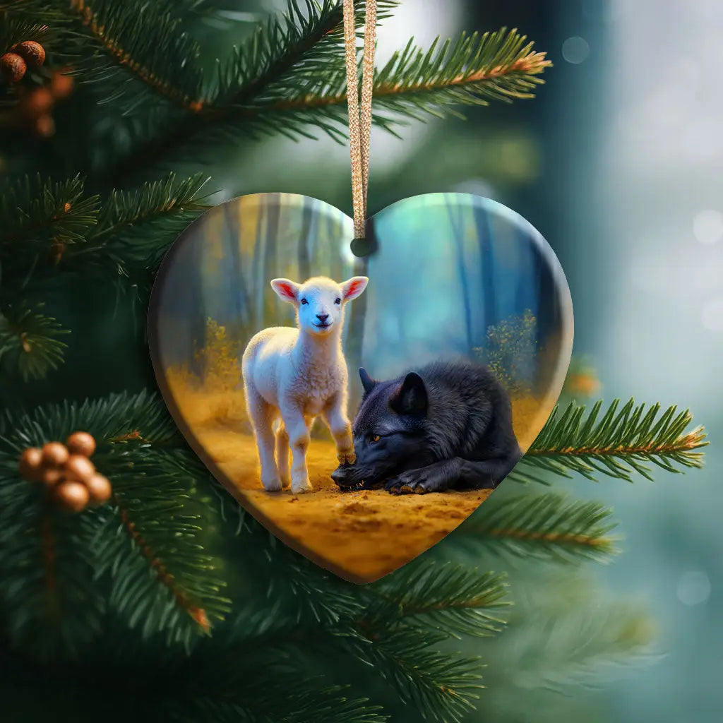 Lamb and wolf ornament reminding believers of Christ’s authority and victory over darkness. Heart / 1-pack