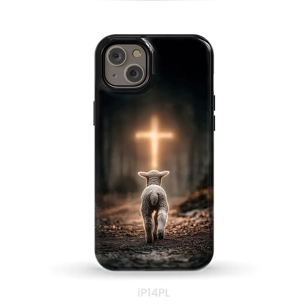 Lamb Walking Toward the Glowing Cross – Christian Phone Case iPhone 14 Plus / Tough Case