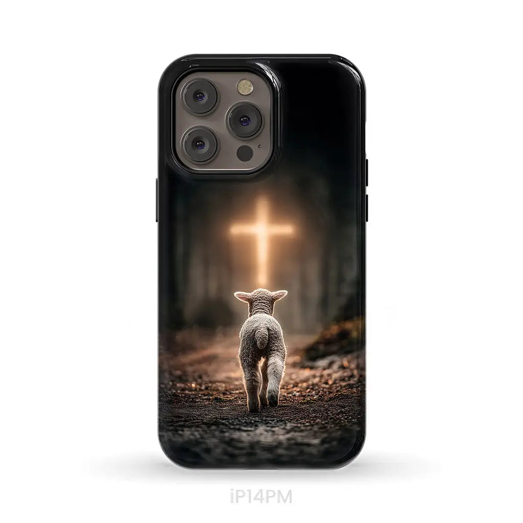 Lamb Walking Toward the Glowing Cross – Christian Phone Case iPhone 14 Pro Max / Tough Case
