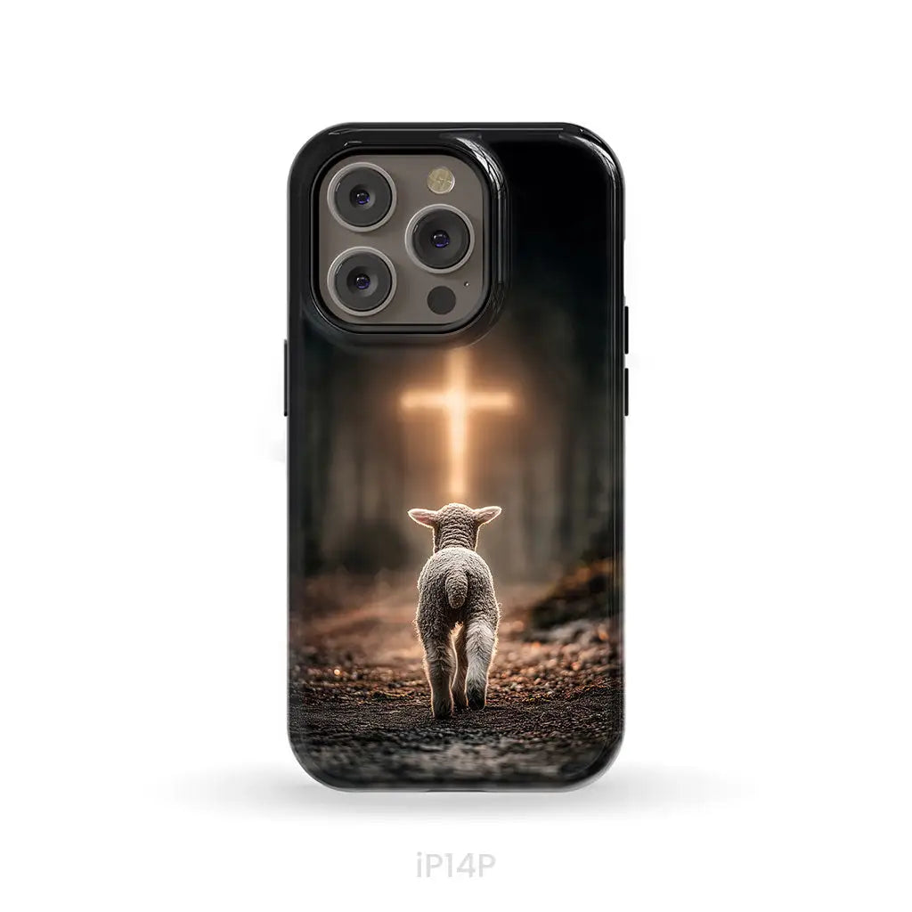 Lamb Walking Toward the Glowing Cross – Christian Phone Case iPhone 14 Pro / Tough Case