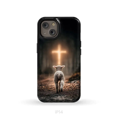 Lamb Walking Toward the Glowing Cross – Christian Phone Case iPhone 14 / Tough Case