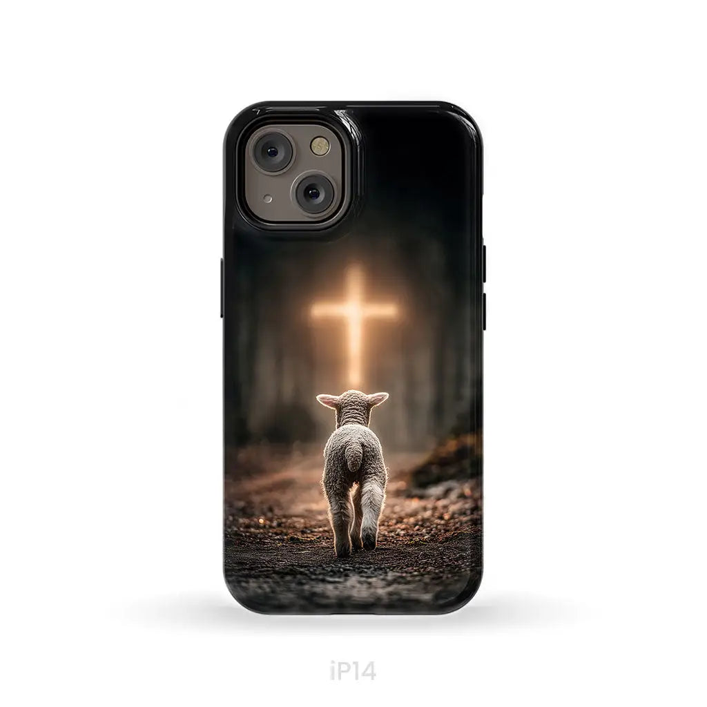 Lamb Walking Toward the Glowing Cross – Christian Phone Case iPhone 14 / Tough Case
