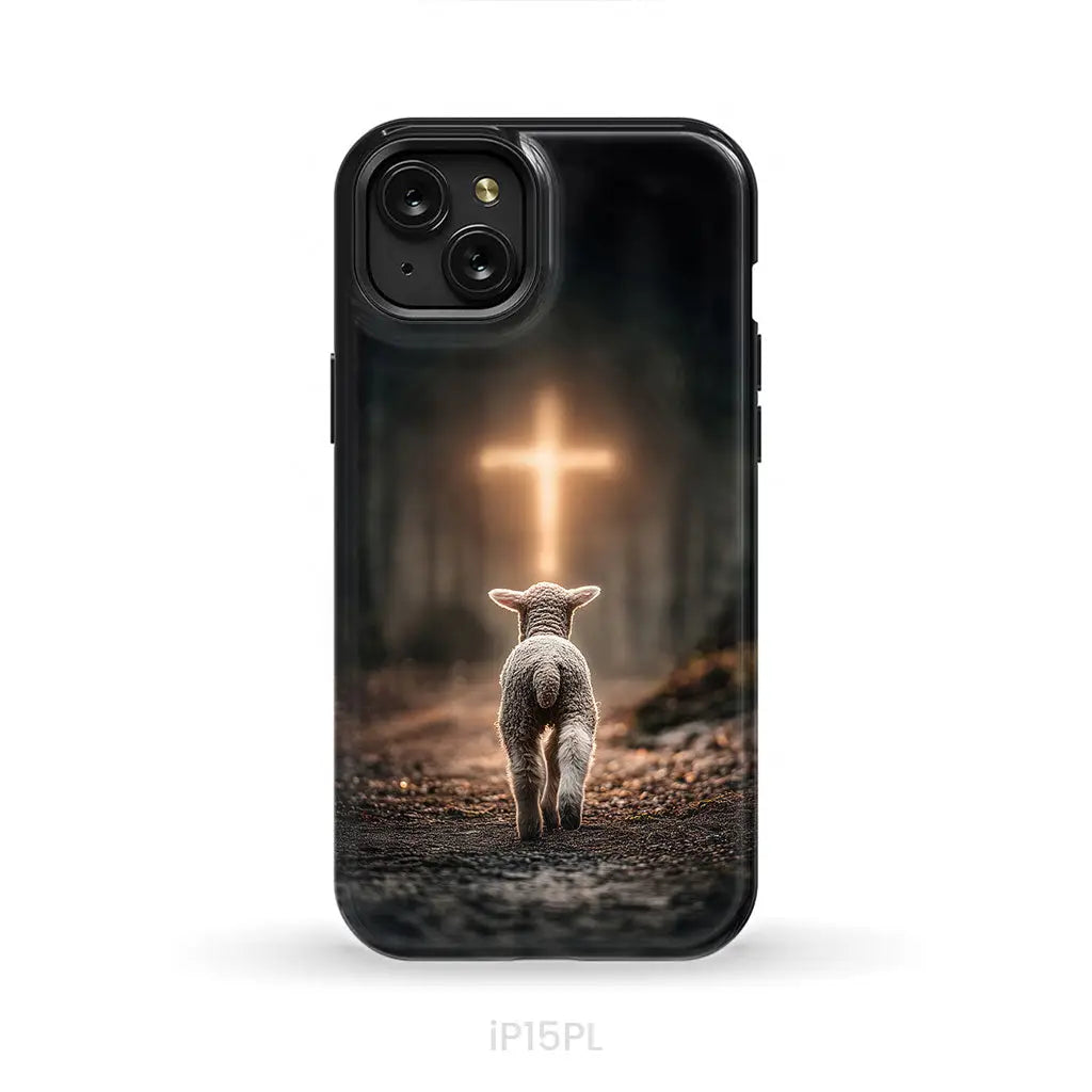 Lamb Walking Toward the Glowing Cross – Christian Phone Case iPhone 15 Plus / Tough Case