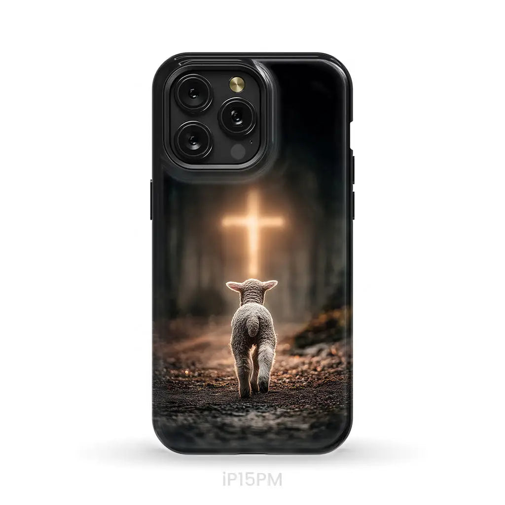Lamb Walking Toward the Glowing Cross – Christian Phone Case iPhone 15 Pro Max / Tough Case