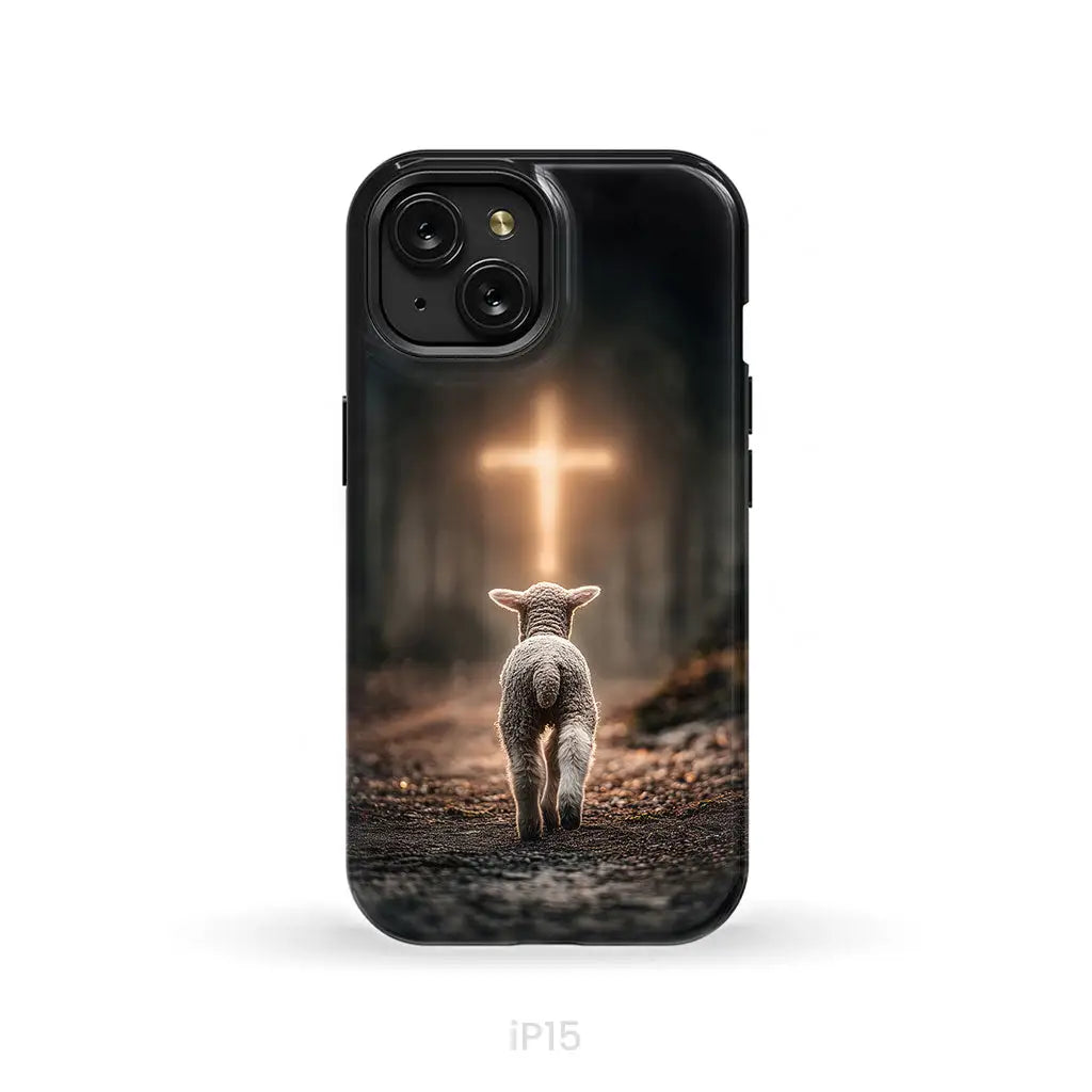 Lamb Walking Toward the Glowing Cross – Christian Phone Case iPhone 15 / Tough Case