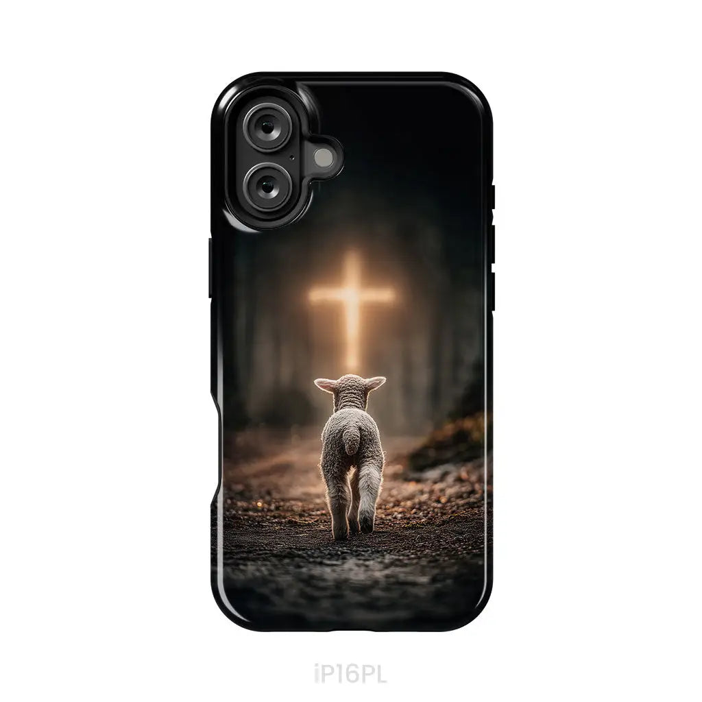 Lamb Walking Toward the Glowing Cross – Christian Phone Case iPhone 16 Plus / Tough Case