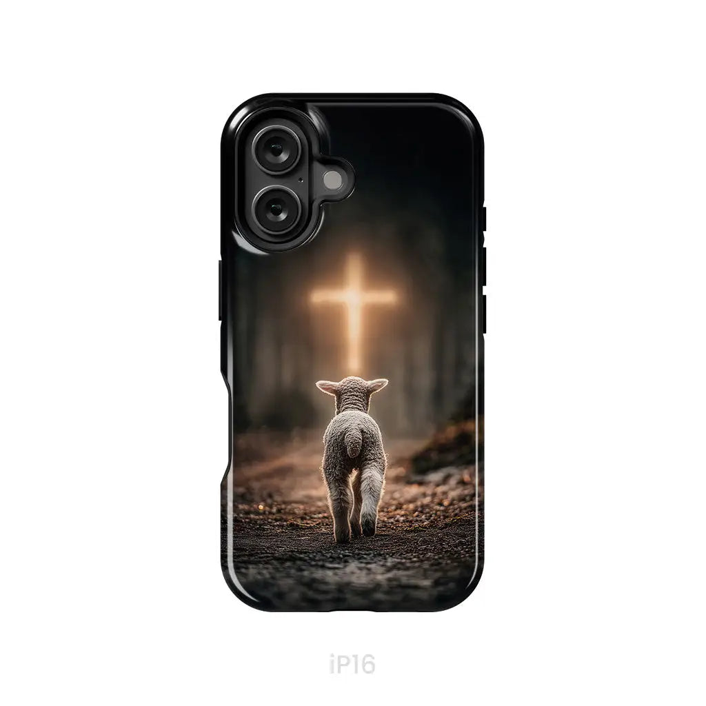 Lamb Walking Toward the Glowing Cross – Christian Phone Case iPhone 16 / Tough Case