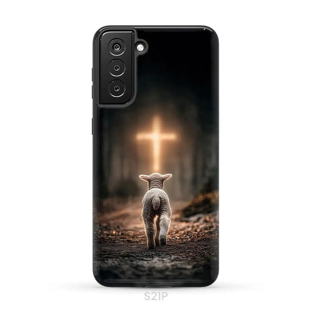 Lamb Walking Toward the Glowing Cross – Christian Phone Case Samsung Galaxy S21 Plus / Tough Case