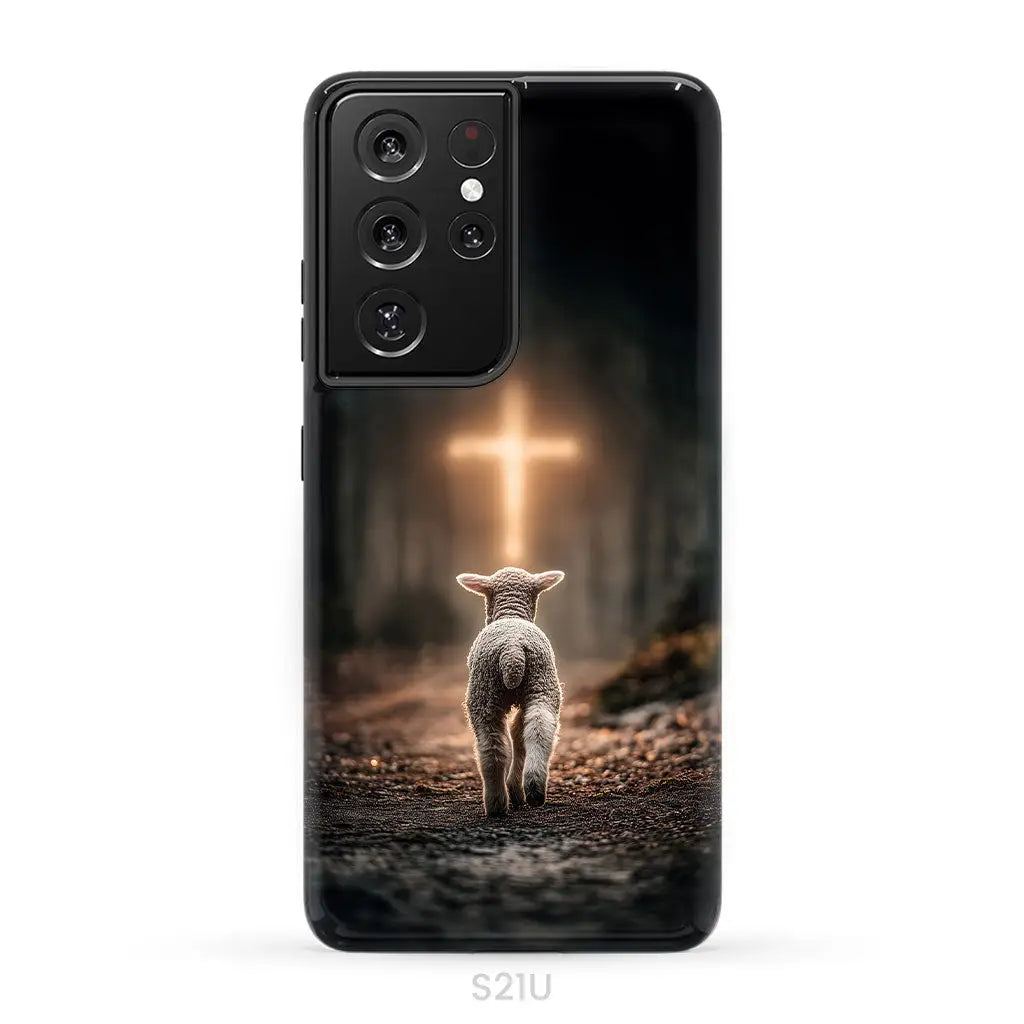 Lamb Walking Toward the Glowing Cross – Christian Phone Case Samsung Galaxy S21 Ultra / Tough Case