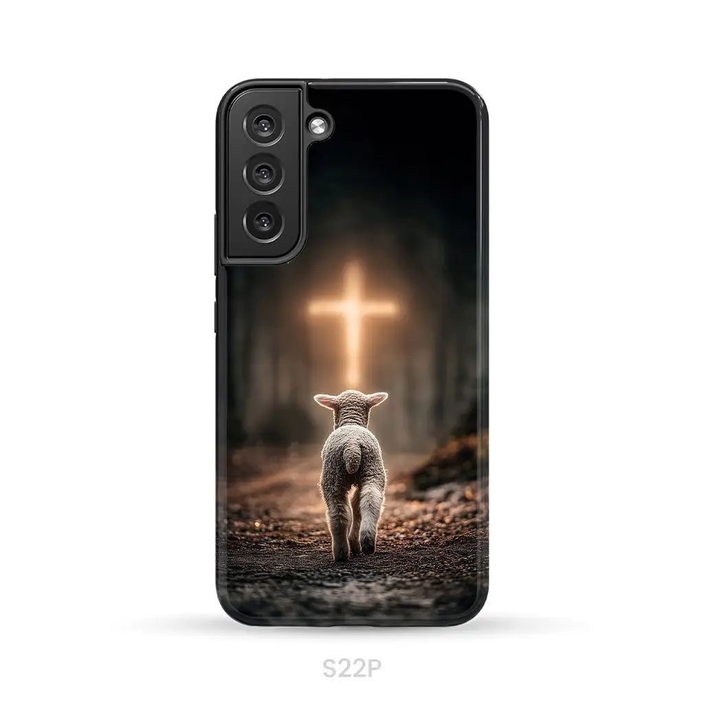 Lamb Walking Toward the Glowing Cross – Christian Phone Case Samsung Galaxy S22 Plus / Tough Case