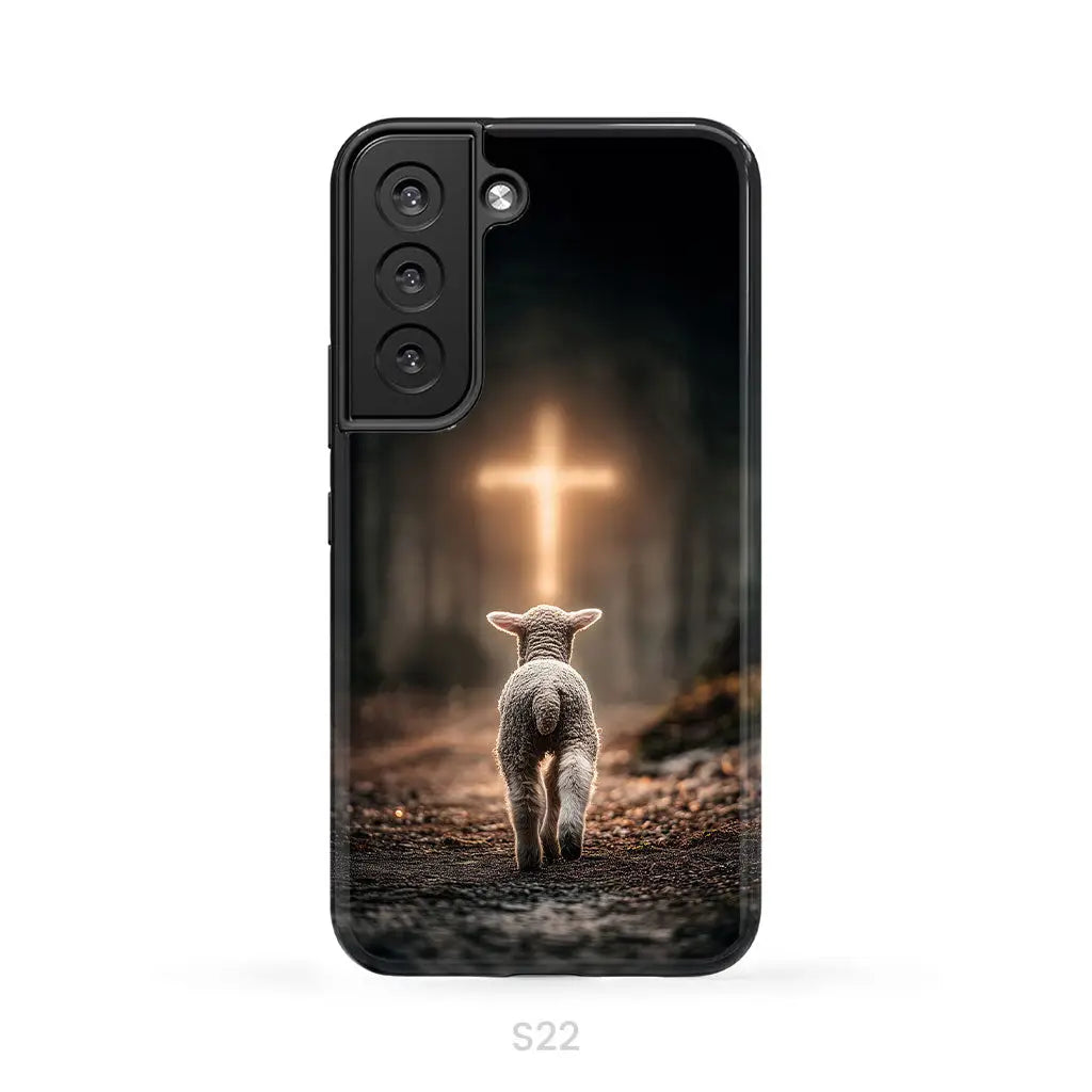 Lamb Walking Toward the Glowing Cross – Christian Phone Case Samsung Galaxy S22 / Tough Case