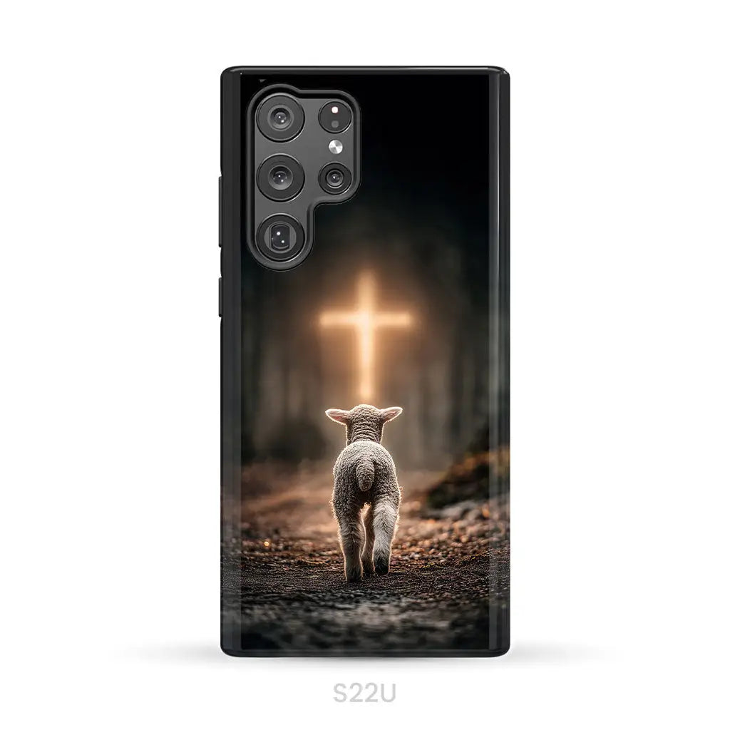 Lamb Walking Toward the Glowing Cross – Christian Phone Case Samsung Galaxy S22 Ultra / Tough Case