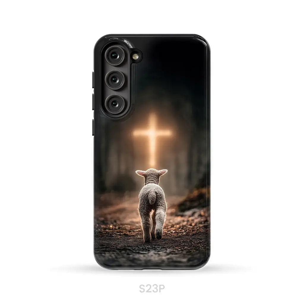 Lamb Walking Toward the Glowing Cross – Christian Phone Case Samsung Galaxy S23 Plus / Tough Case