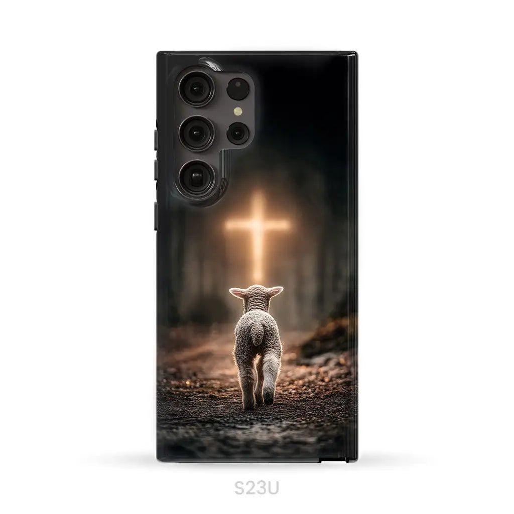 Lamb Walking Toward the Glowing Cross – Christian Phone Case Samsung Galaxy S23 Ultra / Tough Case