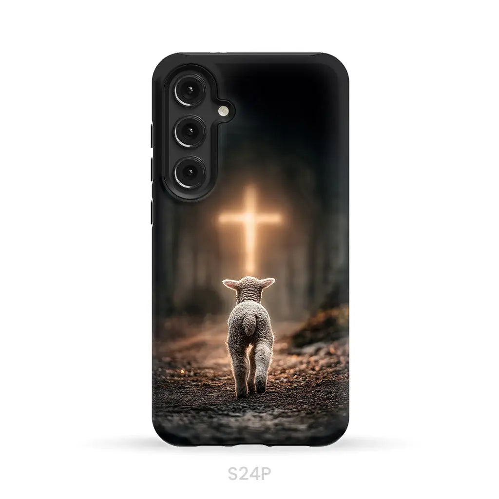 Lamb Walking Toward the Glowing Cross – Christian Phone Case Samsung Galaxy S24 Plus / Tough Case