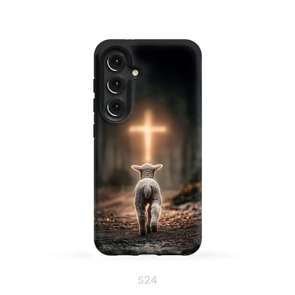 Lamb Walking Toward the Glowing Cross – Christian Phone Case Samsung Galaxy S24 / Tough Case