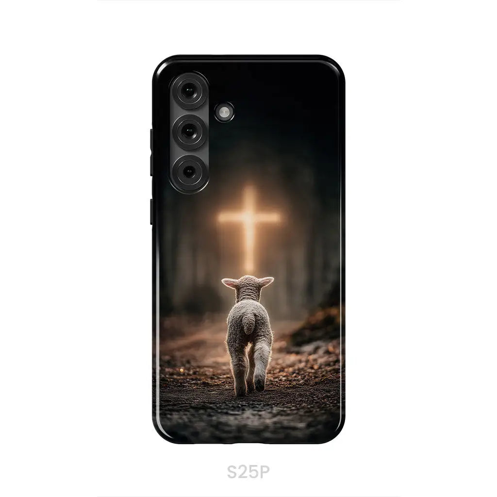 Lamb Walking Toward the Glowing Cross – Christian Phone Case Samsung Galaxy S25 Plus / Tough Case