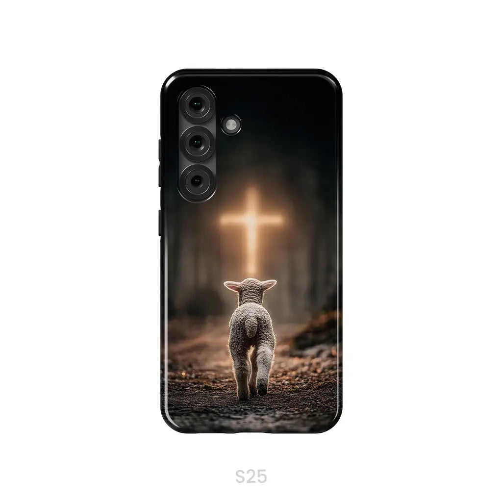Lamb Walking Toward the Glowing Cross – Christian Phone Case Samsung Galaxy S25 / Tough Case