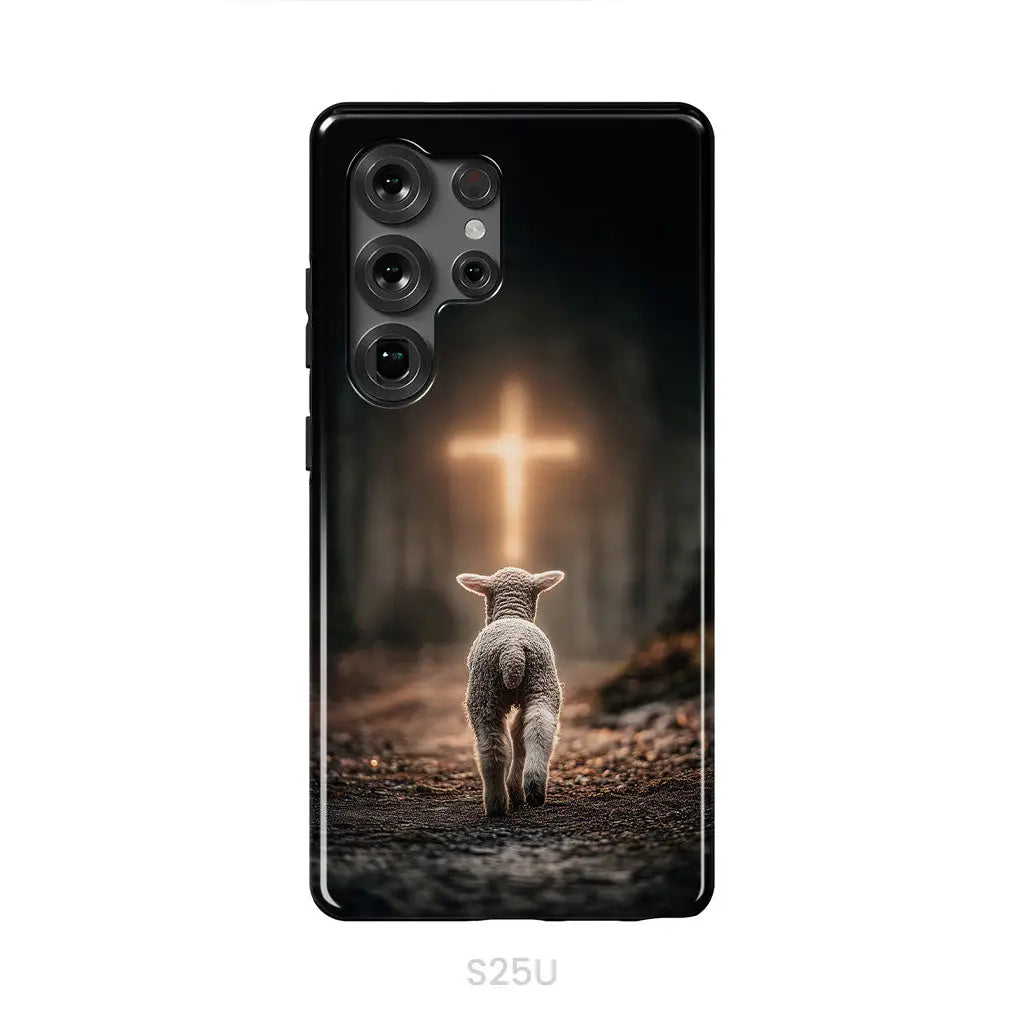 Lamb Walking Toward the Glowing Cross – Christian Phone Case Samsung Galaxy S25 Ultra / Tough Case