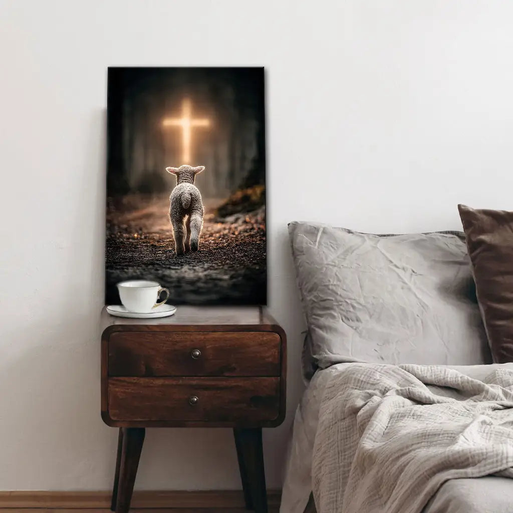 Lamb walking toward lighted cross, Christian wall art with scripture message for peace and trust in Jesus.