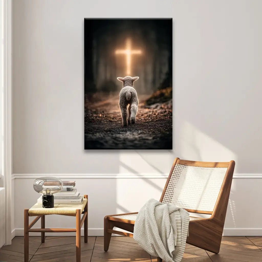 Christian wall art of lamb walking to glowing cross, faith-based gift for comfort, hope, and encouragement.