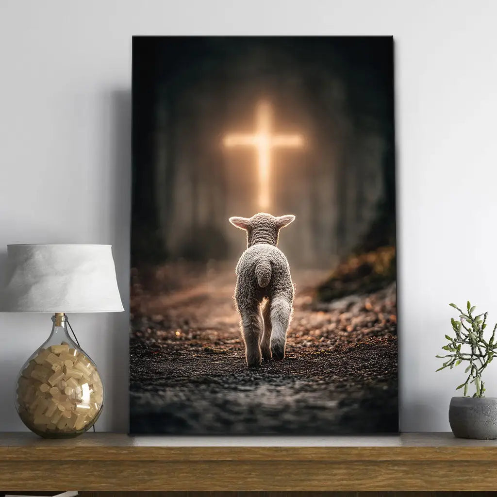 Lamb Walking Toward the Glowing Cross – Christian Wall Art Canvas