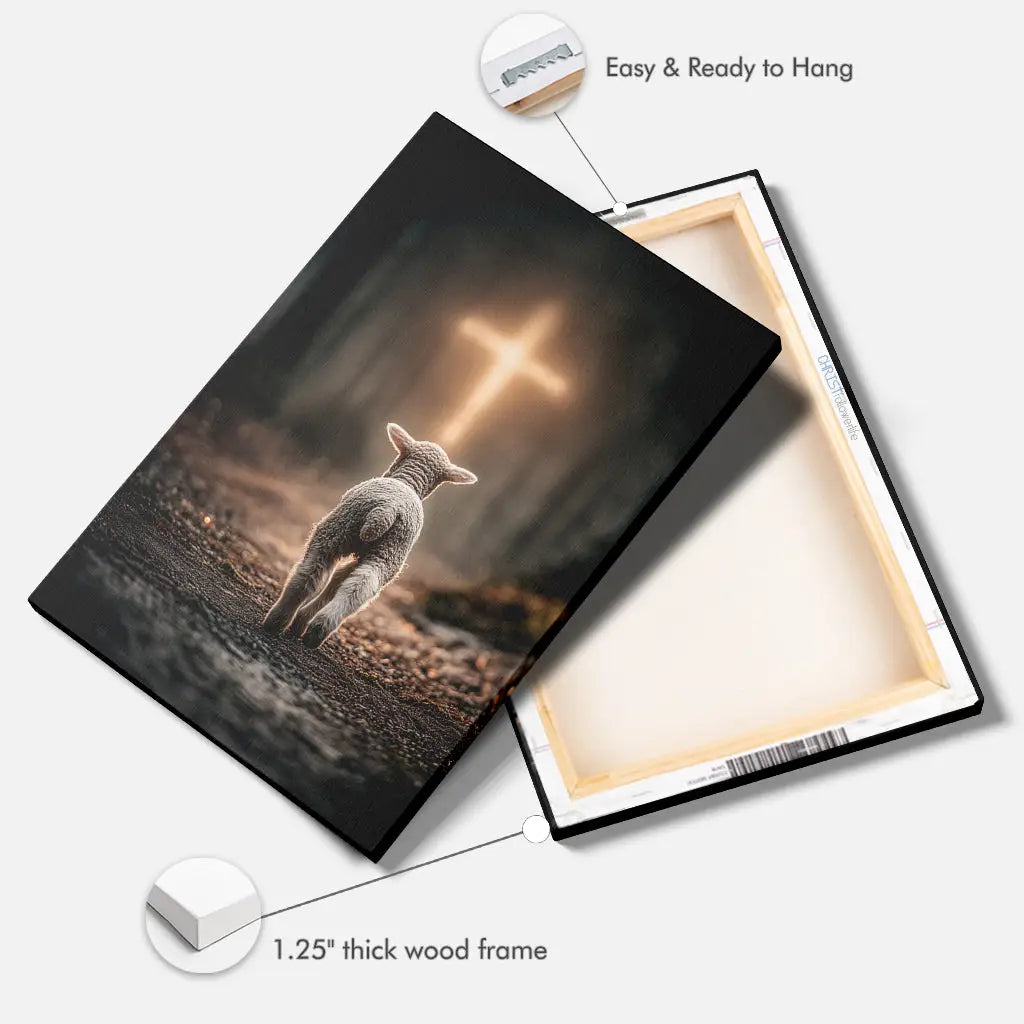 Christian gift canvas with lamb and glowing cross, Bible-inspired artwork for strength and spiritual comfort.