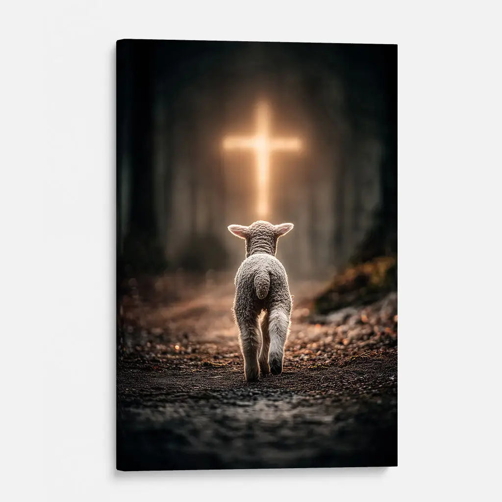 Faith-based canvas with glowing cross and lamb, Christian décor for birthdays, Easter, or housewarmings.