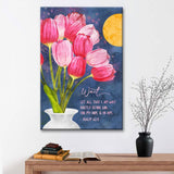 Christian wall art with Psalm 62:5, "Let all that I am wait quietly before God," featuring a vibrant tulip bouquet, perfect for home decor.