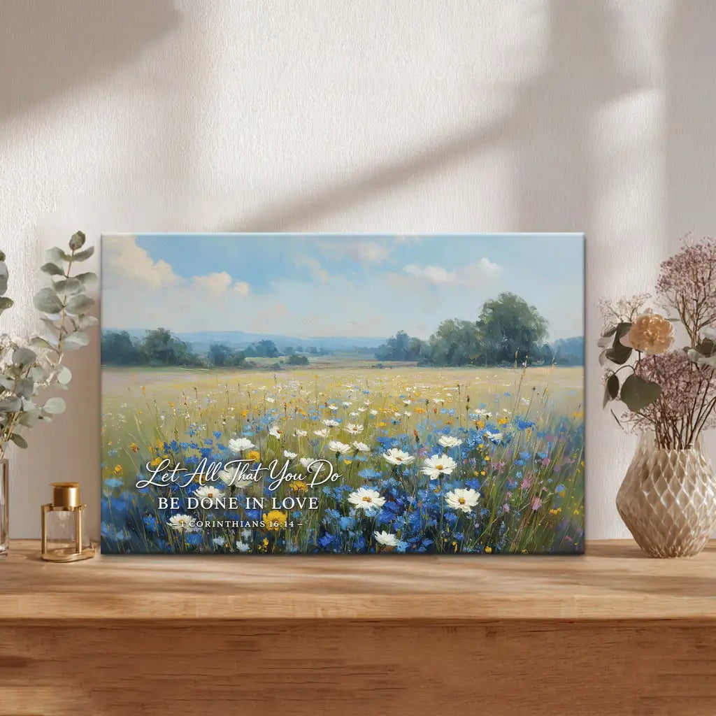 Christian wall art canvas with 1 Corinthians 16:14 love scripture home decor gift