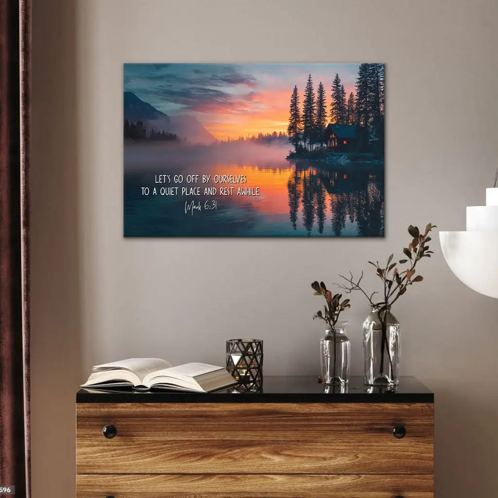 Faith-based wall art with Mark 6:31, scripture canvas gift for comfort, rest, and encouragement.