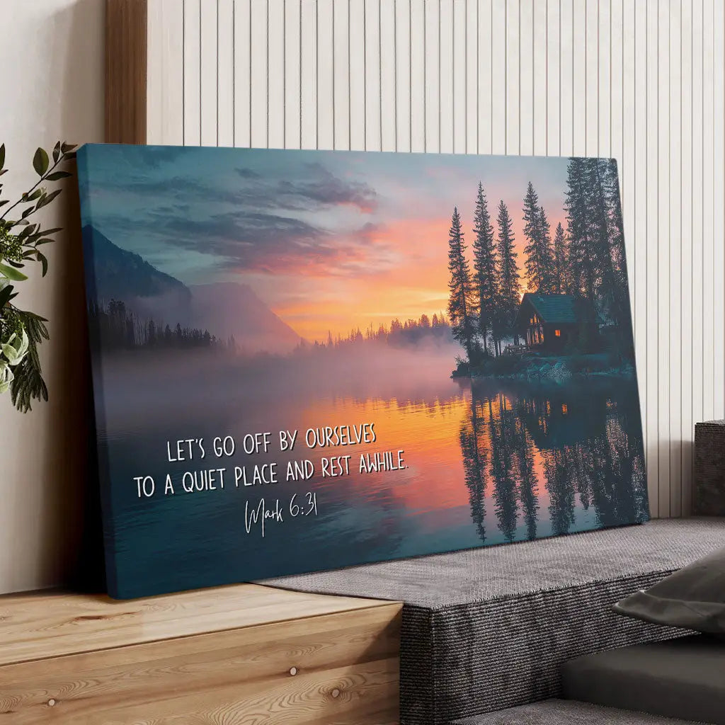 Inspirational Christian canvas with Bible verse, quiet place message, perfect for home décor.