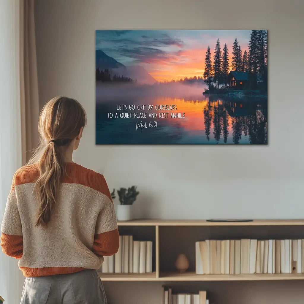 Christian home décor with restful Bible verse, inspirational gift about faith and spiritual renewal.