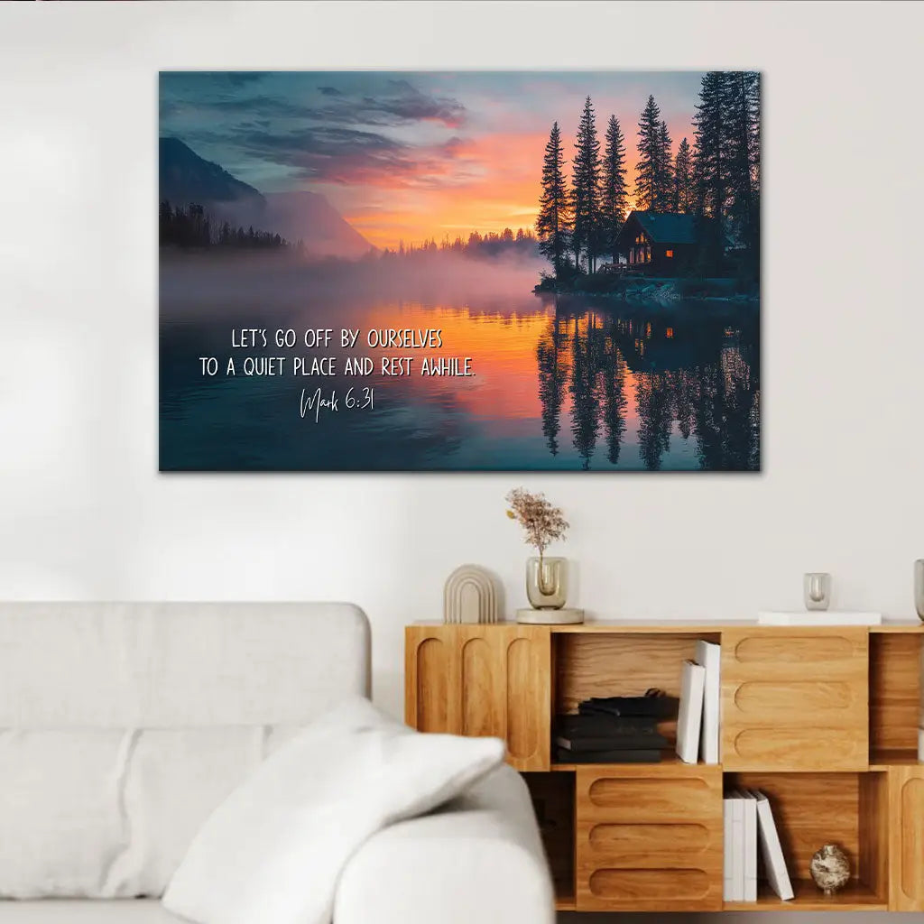Christian wall art with Mark 6:31 scripture, faith-based gift about rest and peace with Jesus.