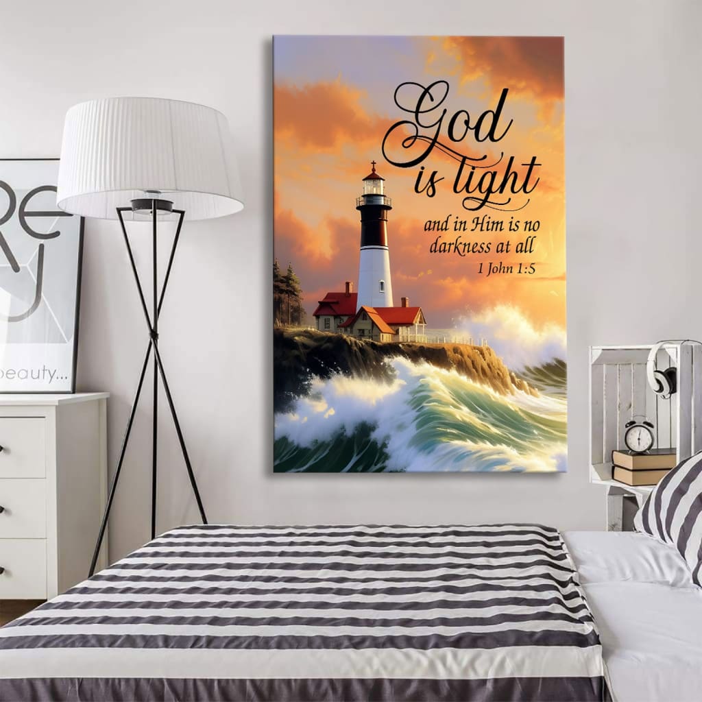 Lighthouse-themed "God is Light" 1 John 1:5 wall art canvas, a meaningful Christian gift for loved ones.