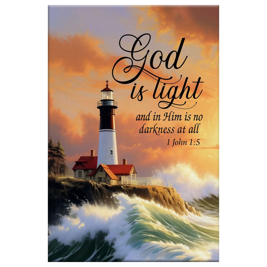 Christian wall art featuring "God is Light" 1 John 1:5 and a lighthouse design, ideal Bible verse wall decor.