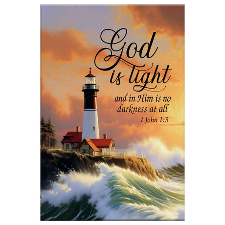 Christian wall art featuring "God is Light" 1 John 1:5 and a lighthouse design, ideal Bible verse wall decor.