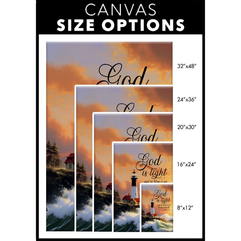 "God is Light" lighthouse canvas print, inspired by 1 John 1:5, a faith-based addition to Christian home decor / canvas size options.