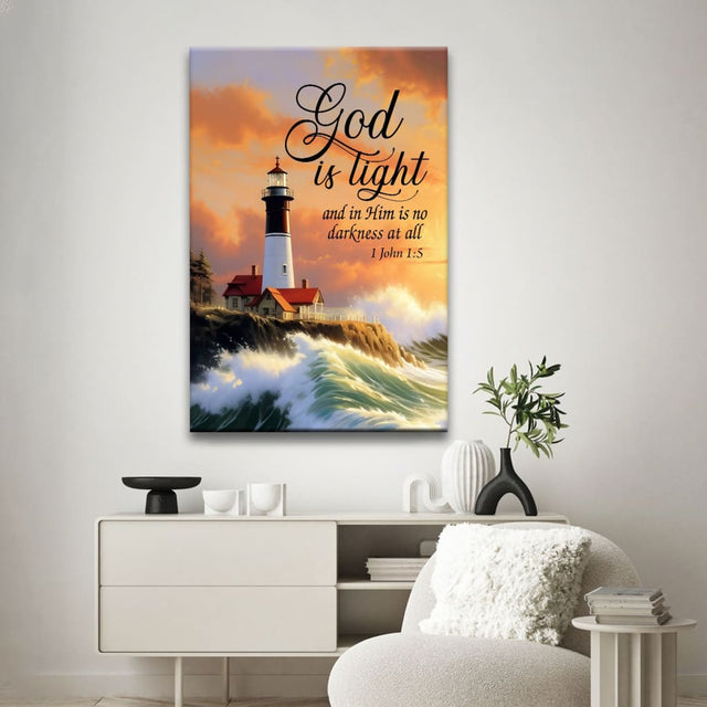 "1 John 1:5 God is Light" lighthouse wall art canvas, inspirational Bible verse decor, perfect for Christian homes.
