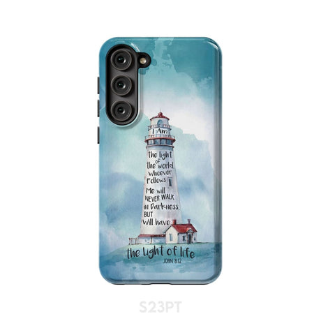 Lighthouse I Am the Light of World John 8:12 Bible Verse Phone Case Samsung Galaxy S23 Plus / Tough