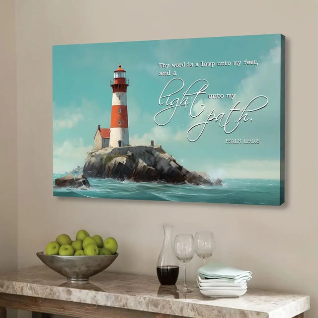 Christian wall art with Psalm 119:105 KJV, "Thy word is a lamp," featuring a lighthouse design, perfect for faith-filled home decor.