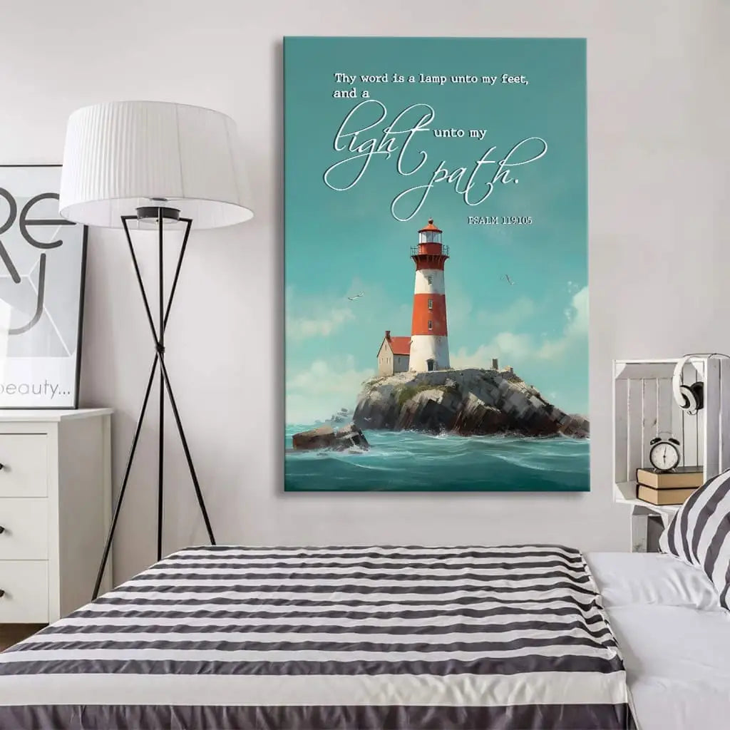 Christian home decor with Psalm 119:105 KJV, "Thy word is a lamp," a meaningful and serene lighthouse canvas for any room.